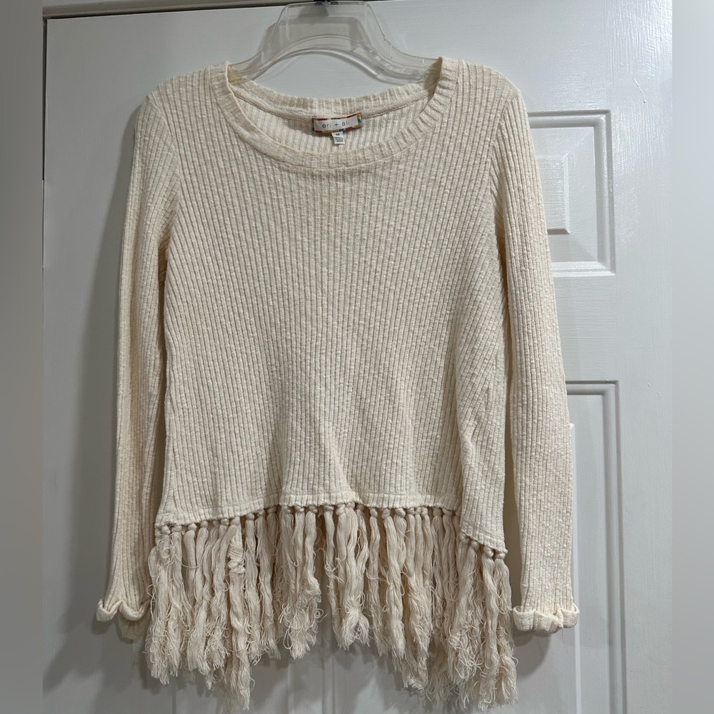 Anthropologie Eri & Ali Cream Ribbed Fringe Sweater